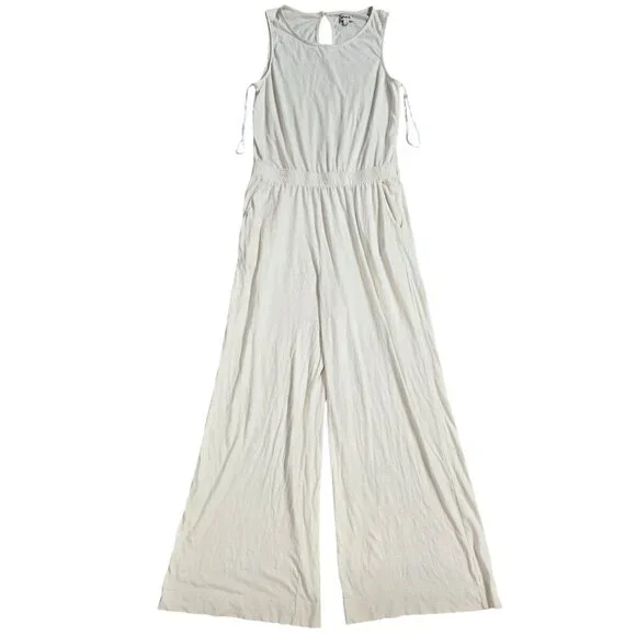 Pact Portside Organic Cotton Linen Cream Wide Leg Sleeveless Jumpsuit Lagenlook - Picture 1 of 12